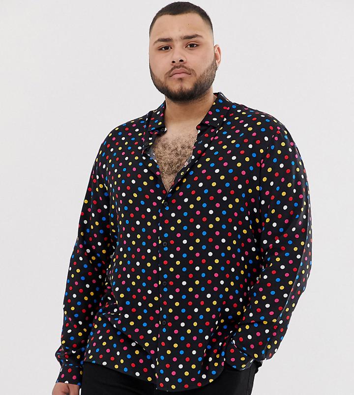 Asos Design Plus Regular Fit Deep Revere Polka Dot Shirt - Black
