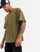 Asos Design Oversized T-shirt With Raw Neck In Khaki-green