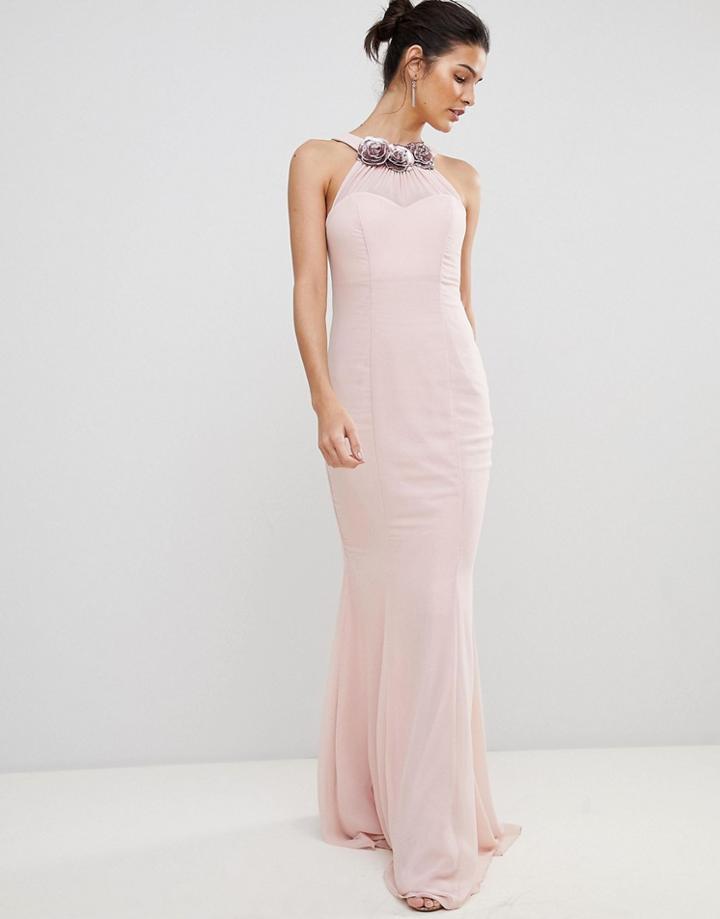 City Goddess Halter Neck Chiffon Maxi Dress With Flower Detail - Pink