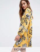 Reclaimed Vintage Open Back Swing Dress In Sparse Floral Print - Yellow