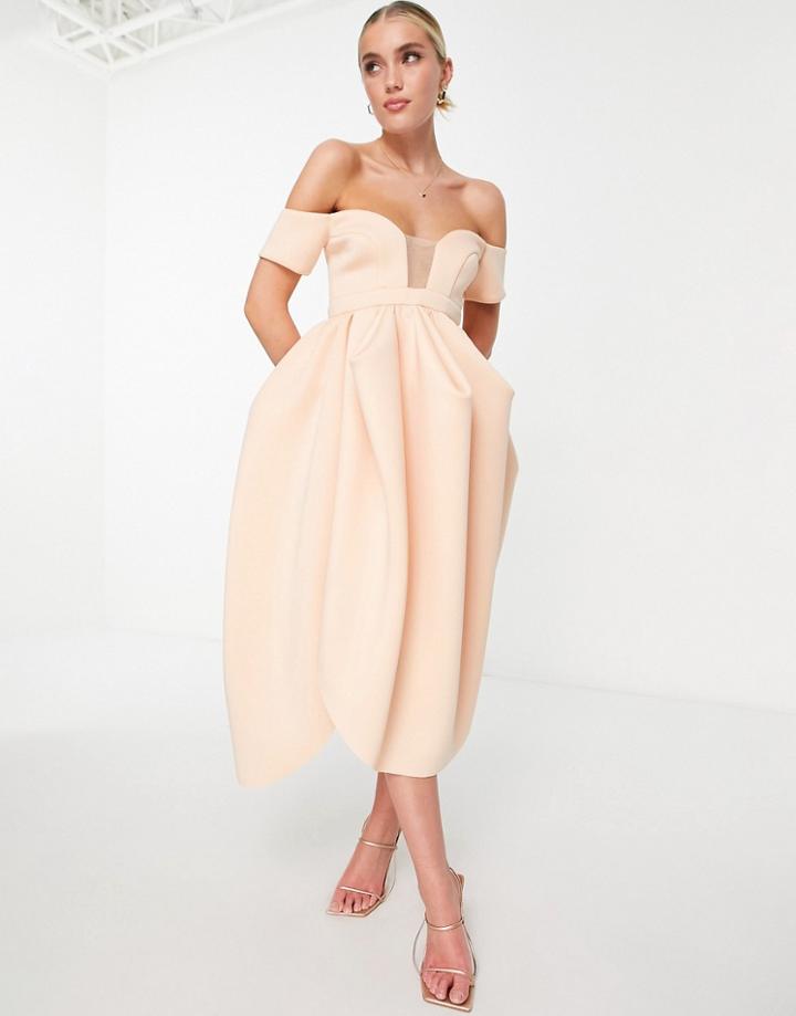 Asos Design Off Shoulder Mesh Insert Cocoon Midi Prom Dress In Blush-pink