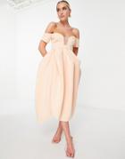 Asos Design Off Shoulder Mesh Insert Cocoon Midi Prom Dress In Blush-pink