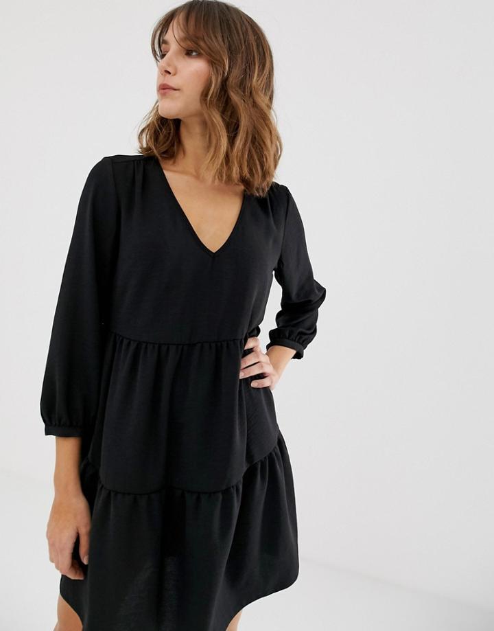 New Look Tiered Smock Dress In Black - Black