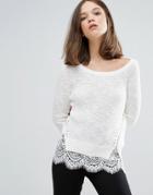 Only Knit Side Zipped Sweater With Lace Underlayer - White