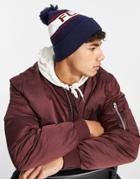 Fcuk Large Logo Pom Beanie Hat In Navy