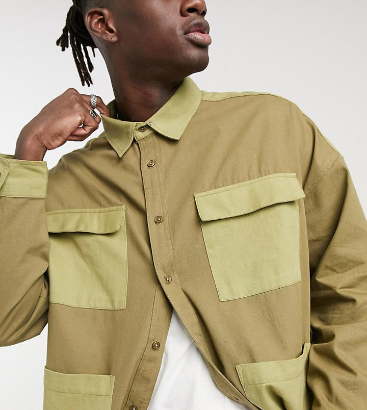 Reclaimed Vintage Inspired Khaki Shacket In Twill-green