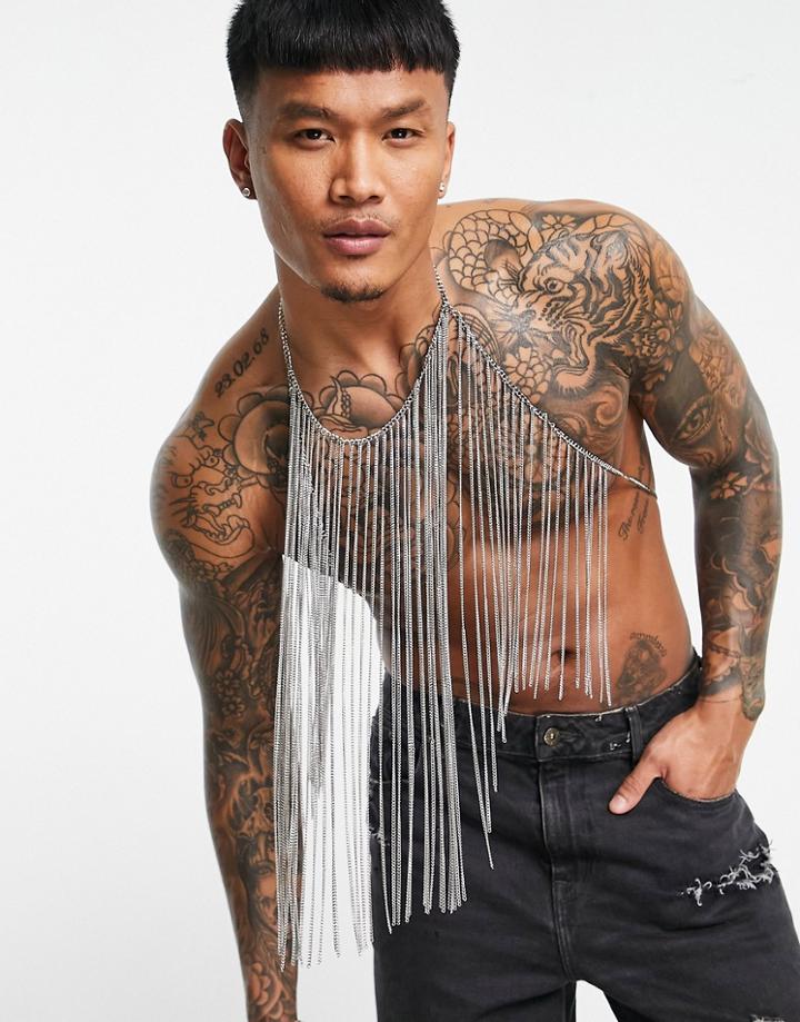 Asos Design Festival Body Harness Tank Top With Fringing In Silver Tone