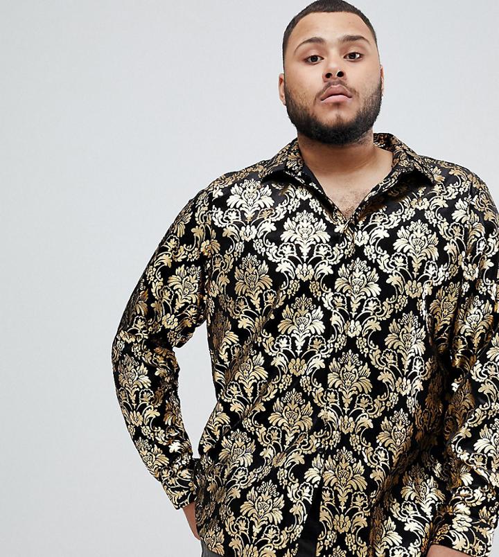 Twisted Tailor Plus Skinny Fit Shirt In Velvet With Baroque Print - Black