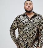 Twisted Tailor Plus Skinny Fit Shirt In Velvet With Baroque Print - Black