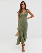 Asos Design Bias Cut Button Front Maxi Dress With Wooden Rings-green