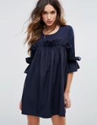 Missguided Frill Detail Smock Dress - Navy