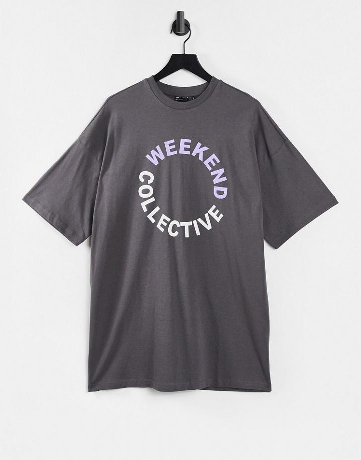 Asos Weekend Collective Oversized T-shirt Dress With Colored Logo In Washed Charcoal-grey