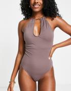 French Connection Cut Out Halter Neck Swimsuit In Toffee-gray