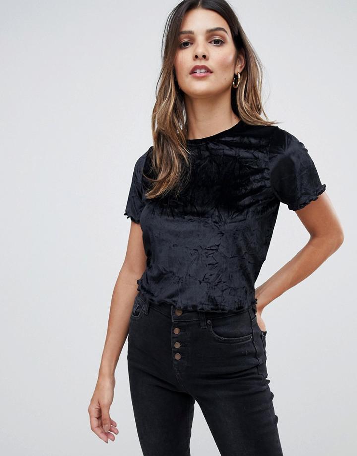Asos Design Velvet Lettuce Edge Crew Neck T-shirt-black