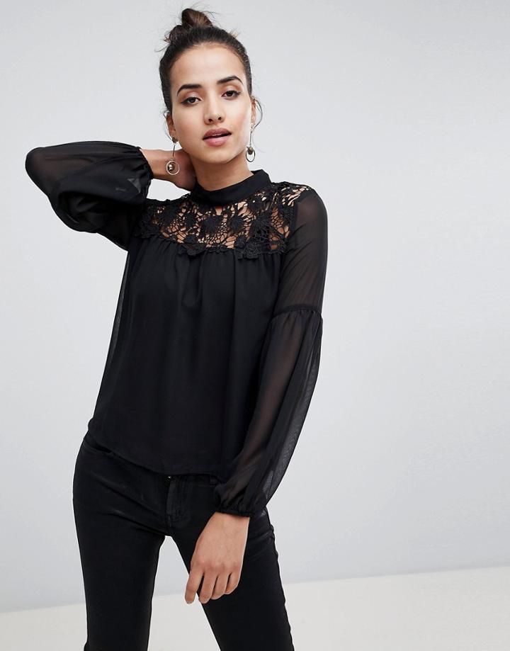 Ax Paris Lace Insert Sheer Top - Black