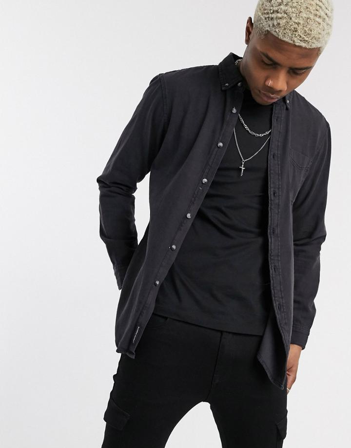 Pull & Bear Denim Shirt In Washed Black-grey