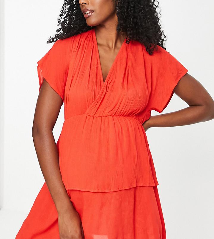 Asos Design Maternity Drape Tiered Beach Cover Up In Red