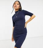 Only Petite Midi Dress With High Neck And 3/4 Length Sleeves In Blue-blues