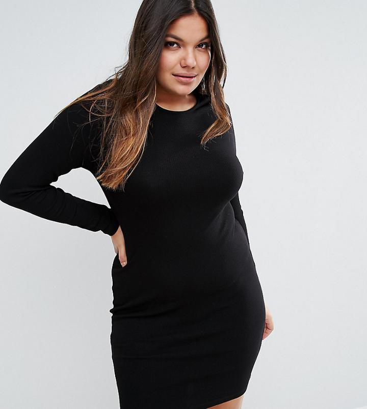Asos Curve Mini Bodycon Dress In Rib With Long Sleeves - Black
