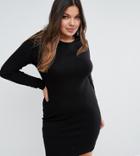 Asos Curve Mini Bodycon Dress In Rib With Long Sleeves - Black