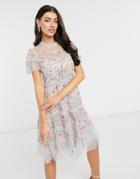 Needle & Thread Embroidered Cap Sleeve Ribbon Mini Dress In Crystal Blue-blues