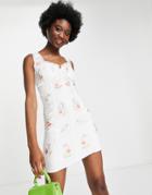 Asos Design Ruched Chiffon Mini Dress With Pop Floral Embroidery-white