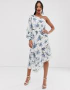 Asos Design One Shoulder Midi Dress In Trailing Floral Print And Lace Inserts - Multi