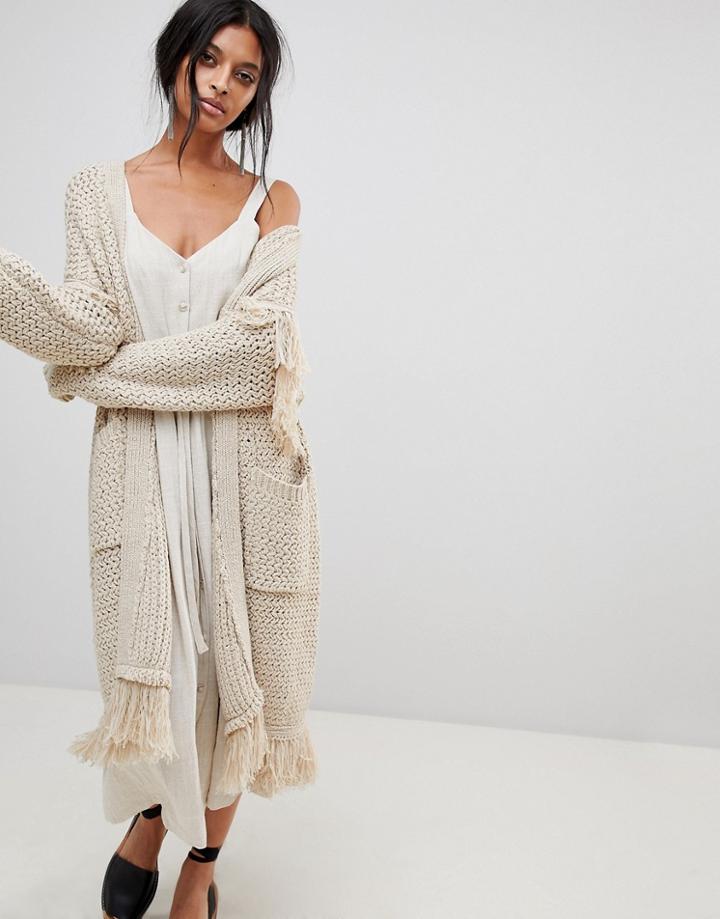 Moon River Oversized Fringed Cardigan - Beige