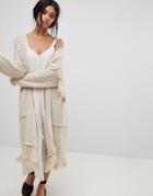 Moon River Oversized Fringed Cardigan - Beige