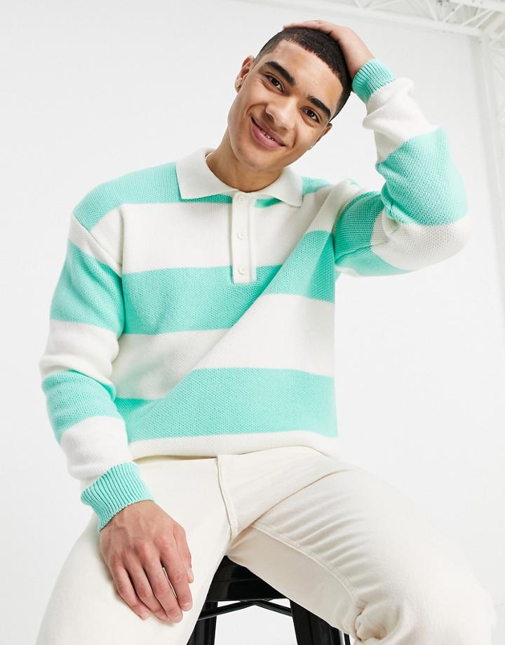 Topman Long Sleeve Stripe Knitted Rugby Polo In Green And Ecru