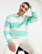 Topman Long Sleeve Stripe Knitted Rugby Polo In Green And Ecru