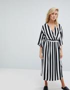 Moss Copenhagen Wrap Front Dress With Kimono Sleeves In Monochrome Stripe - Black