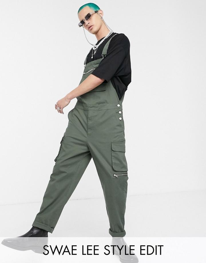 Asos Design Relaxed Cargo Overalls In Dark Green