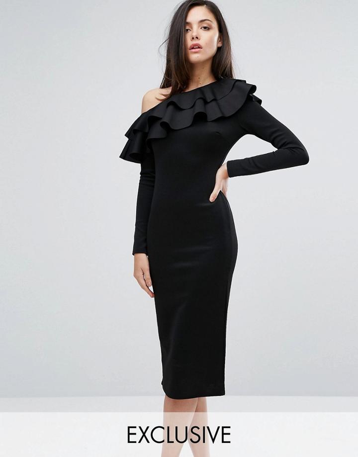 Club L One Shoulder Frill Detail Long Sleeve Midi Dress - Black