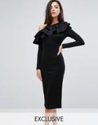 Club L One Shoulder Frill Detail Long Sleeve Midi Dress - Black