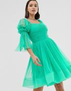 Lace & Beads Ruched Square Neck Mini Dress With Structured Hem In Green