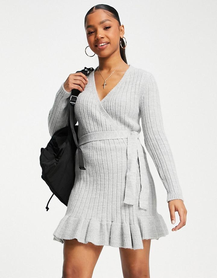 Miss Selfridge Knit Rib Wrap Mini Dress In Gray Heather