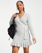 Miss Selfridge Knit Rib Wrap Mini Dress In Gray Heather