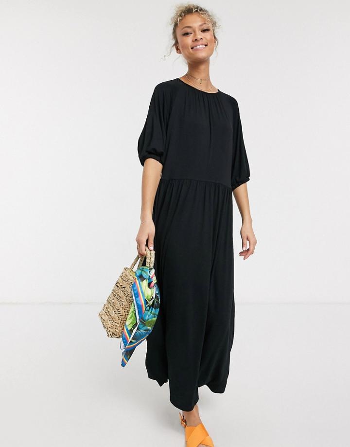 Asos Design Gathered Neck Midi Smock Dress In Black