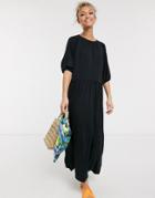 Asos Design Gathered Neck Midi Smock Dress In Black