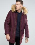 Asos Parka Jacket In Burgundy With Faux Fur Lining - Red