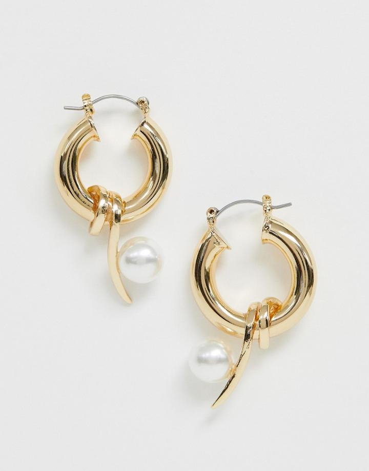 Asos Design Hoop Earrings In Sleek Wrap Shape With Pearl In Gold - Gold