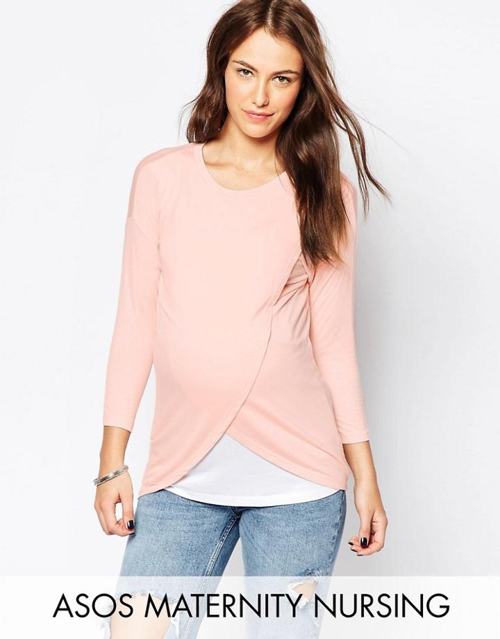 Asos Maternity Nursing Top With Wrap Overlay And 3/4 Sleeve - Pink