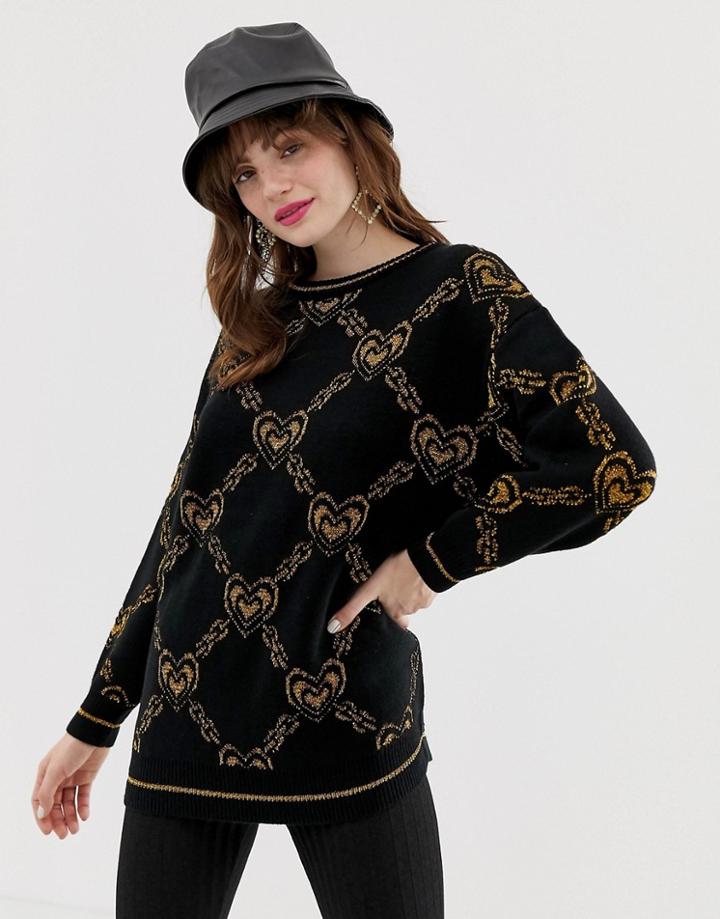 Monki Oversized Sweater With Gold Chain And Heart Print In Black - Black