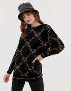 Monki Oversized Sweater With Gold Chain And Heart Print In Black - Black