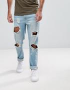 Hoxton Denim Slim Fit Jeans With Busted Knees - Blue