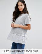 Asos Maternity T-shirt With Woven Stripe Frill Hem - Gray