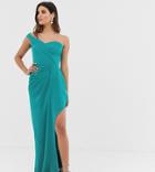 Yaura Bardot Maxi Dress With Thigh Split In Turquoise - Blue
