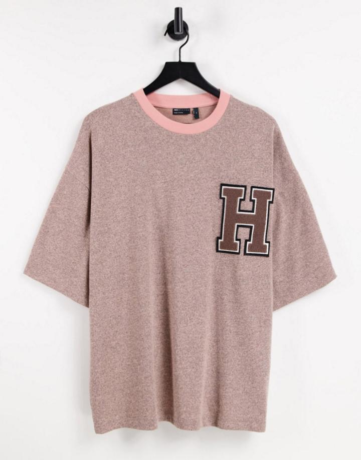 Asos Design Oversized T-shirt In Heavyweight Pink Heather With Chest Badge