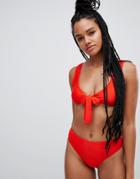 Luxe Palm Tie Front Bikini Top In Red - Red